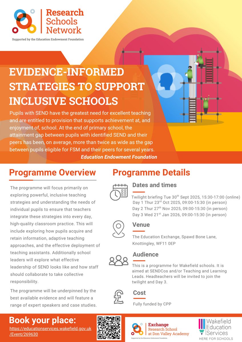 Wakefield_ES's tweet image. This 'Evidence Informed Strategies to Support Inclusive Schools' programme for Wakefield Primary Schools is fully-subsidised and will focus on exploring powerful, inclusive teaching strategies.
More details in the flyer👇
educationservices.wakefield.gov.uk/Training/Event…
#HereForSchools