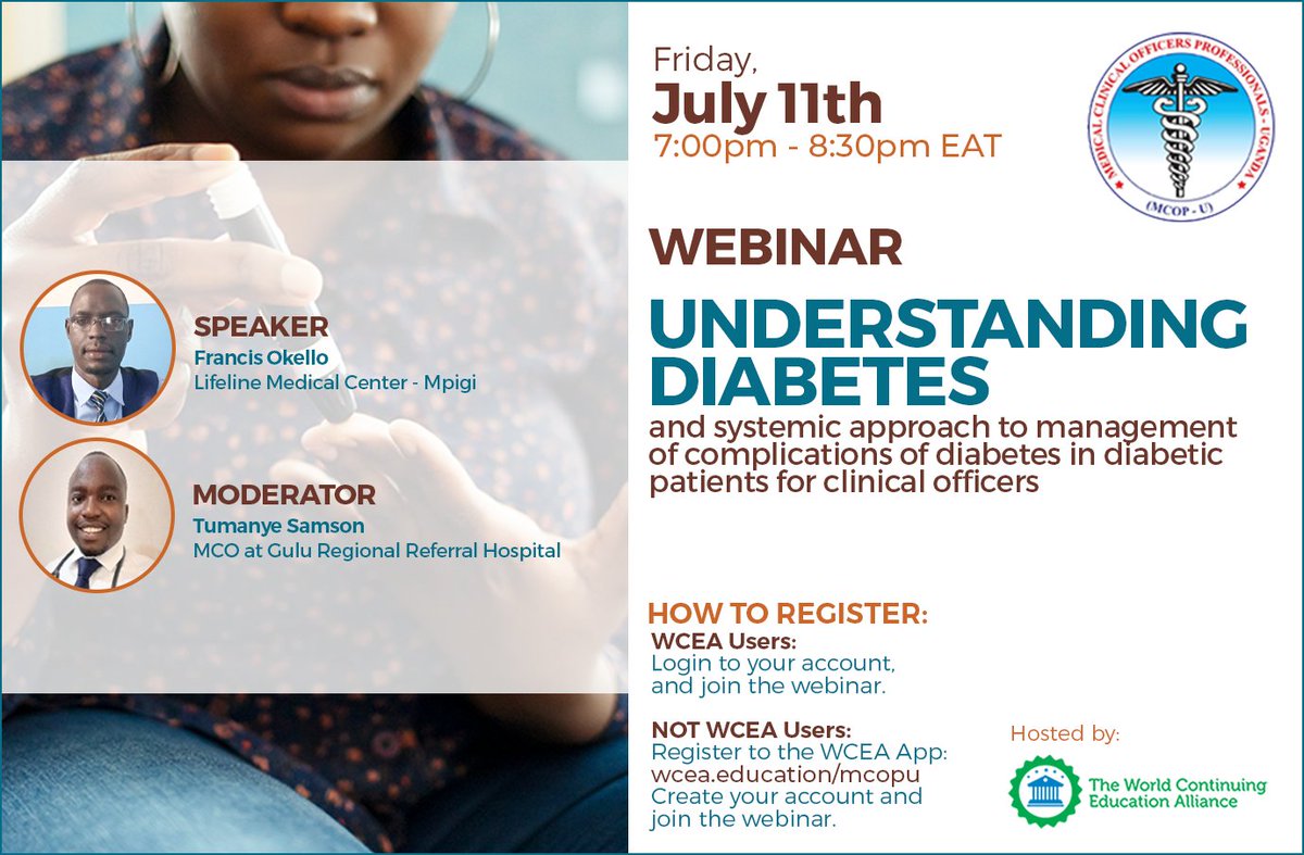 WCEA (World Continuing Education Alliance) (@worldcealliance) on Twitter photo π© Free CPD Webinar invitation by WCEA & <a href="/ClinicalUganda/">Medical Clinical Officers Professionals-UGANDA</a> for Clinical Officers: Understanding Diabetes & Complications Mgmt
π July 11 | π 7 β 8:30 PM EAT
π Francis Okello
Info & Registration: wcea.education/portfolio-itemβ¦
#DiabetesCare #CPD #ClinicalOfficers #MedicalWebinar π© Free CPD Webinar invitation by WCEA & <a href="/ClinicalUganda/">Medical Clinical Officers Professionals-UGANDA</a> for Clinical Officers: Understanding Diabetes & Complications Mgmt
π July 11 | π 7 β 8:30 PM EAT
π Francis Okello
Info & Registration: wcea.education/portfolio-itemβ¦
#DiabetesCare #CPD #ClinicalOfficers #MedicalWebinar