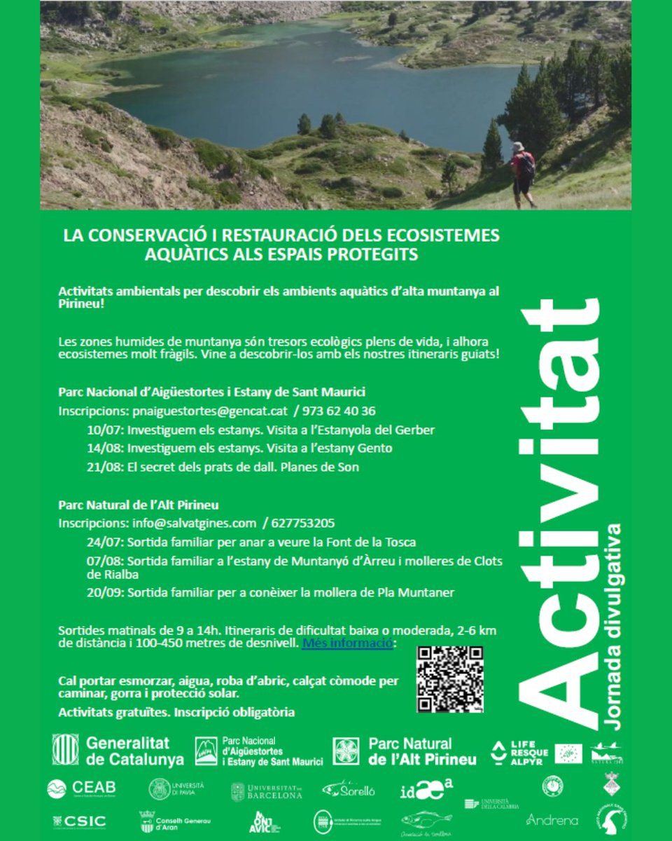 ceabcsic's tweet image. Comencen les activitats ambientals del projecte #LIFERESQUEALPYR 🔝
🐾 Itineraris de baixa o moderada dificultat, aptes per a totes les edats.
📍 Sortides guiades gratuïtes al @pnaltpirineu i al @pnaiguestortes
📝 Cal inscripció prèvia
Més info 🔗 bit.ly/44KaL0W