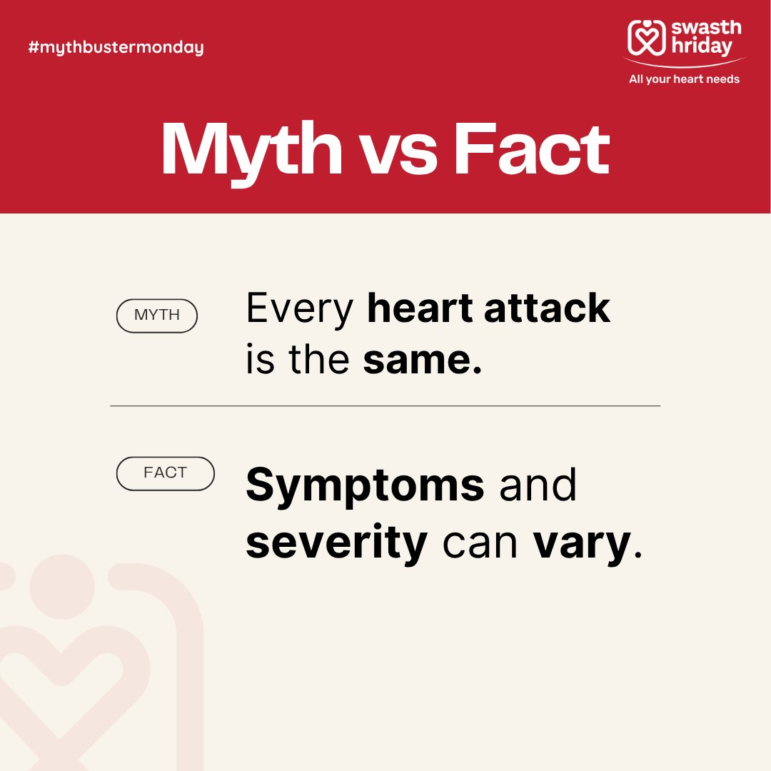 swasthhriday's tweet photo. Myth: Every heart attack feels the same.
Fact: Heart attack symptoms and severity can vary from person to person.
Some may feel chest pain, others might have fatigue, breathlessness, or even jaw pain.
Listen to your body. Act fast. 
#HeartAttackAwareness #HeartHealthMyths https://t.co/SvkjDH83Je