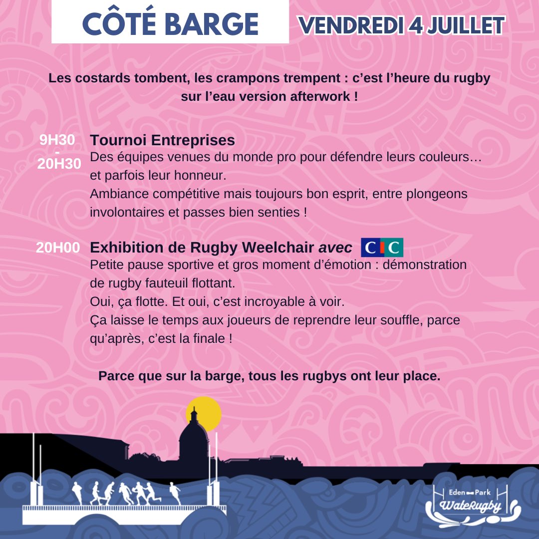 Vendredi, on plonge dans le vif de l’Eden Park WateRugby 🏉
Le terrain est flottant, l’ambiance est bouillante, et l’apéro t’attend les pieds dans l’eau 🌊

Rugby, vibes, soleil, surprises…
Tu connais la règle : on ne sort pas sec du Tournoi Entreprises de l’Eden Park WateRugby