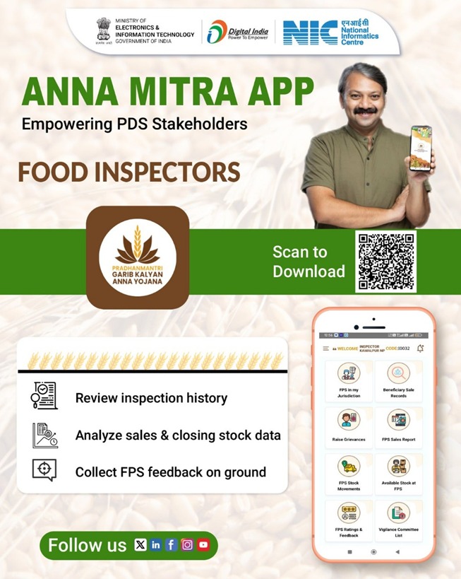 NICMeity's tweet photo. @GoI_MeitY @fooddeptgoi @_DigitalIndia @mygovindia @PIB_India @PIB_MeitY @MeitY_NICSI 📱#AnnaMitra App – Empowering Food Inspectors!
🗂️ Review inspection history
📊 Analyze sales & closing stock data
🗣️ Collect FPS feedback for better field assessments
#NICMeitY #SmartPDS #DigitalIndia #eGovernance #PublicDistributionSystem https://t.co/my3JgEl5C3
