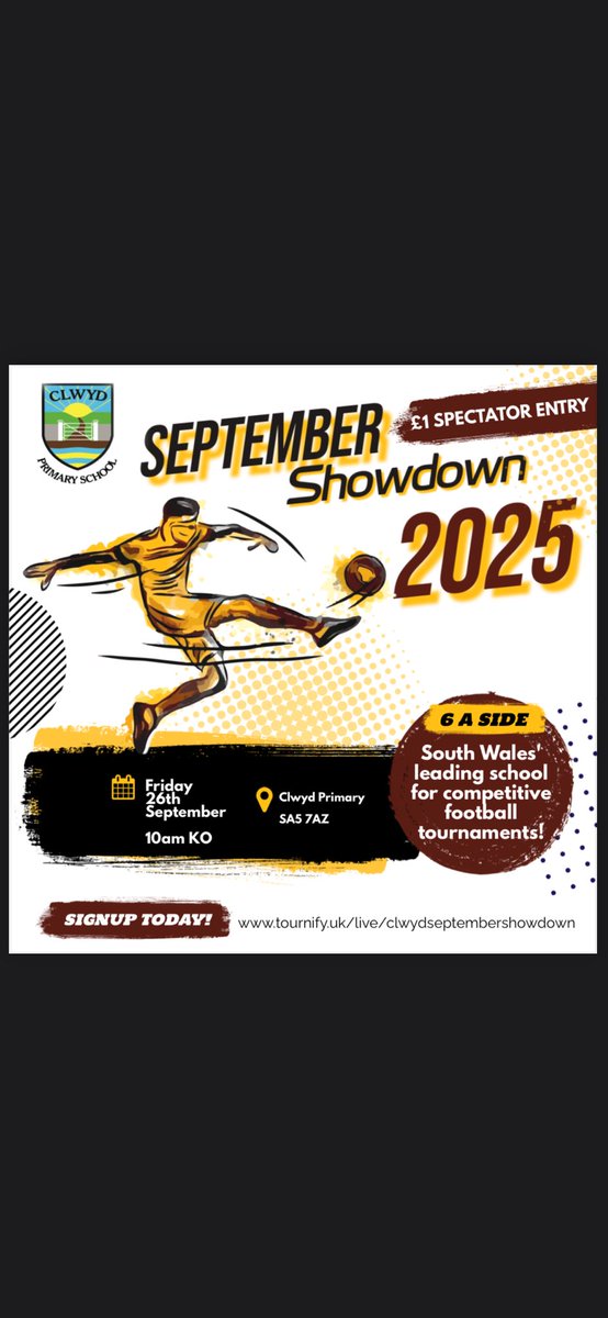 We are sooo back after the 6 week break with our September Showdown!

This is for Year 3/4 and Year 5/6, book below. 

Once it’s full, it’s full! ⚽️

tournify.uk/live/clwydsept…