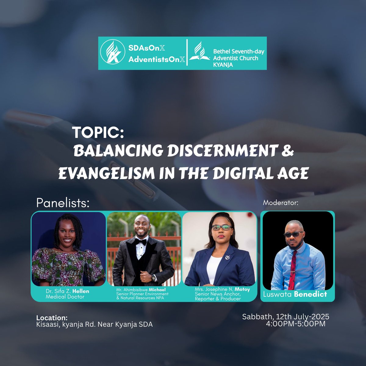 SDAs On 𝕏 (@adventistonx) on Twitter photo Scrolling? Don’t miss this powerful panel discussion on “Balancing Discernment & Evangelism in the Digital Age”where real stories meet faith and digital strategy. Featuring panelists <a href="/Hellenistic16/">Hellenistic</a> <a href="/ahimbisibwem1/">Michael Ahimbisibwe</a> <a href="/NamakumbiJ/">Josephine Namakumbi</a> on 12th July 2025, from 4:00–5:00 PM <a href="/AdventistBethel/">Bethel Seventhday Adventist Church</a> Scrolling? Don’t miss this powerful panel discussion on “Balancing Discernment & Evangelism in the Digital Age”where real stories meet faith and digital strategy. Featuring panelists <a href="/Hellenistic16/">Hellenistic</a> <a href="/ahimbisibwem1/">Michael Ahimbisibwe</a> <a href="/NamakumbiJ/">Josephine Namakumbi</a> on 12th July 2025, from 4:00–5:00 PM <a href="/AdventistBethel/">Bethel Seventhday Adventist Church</a>