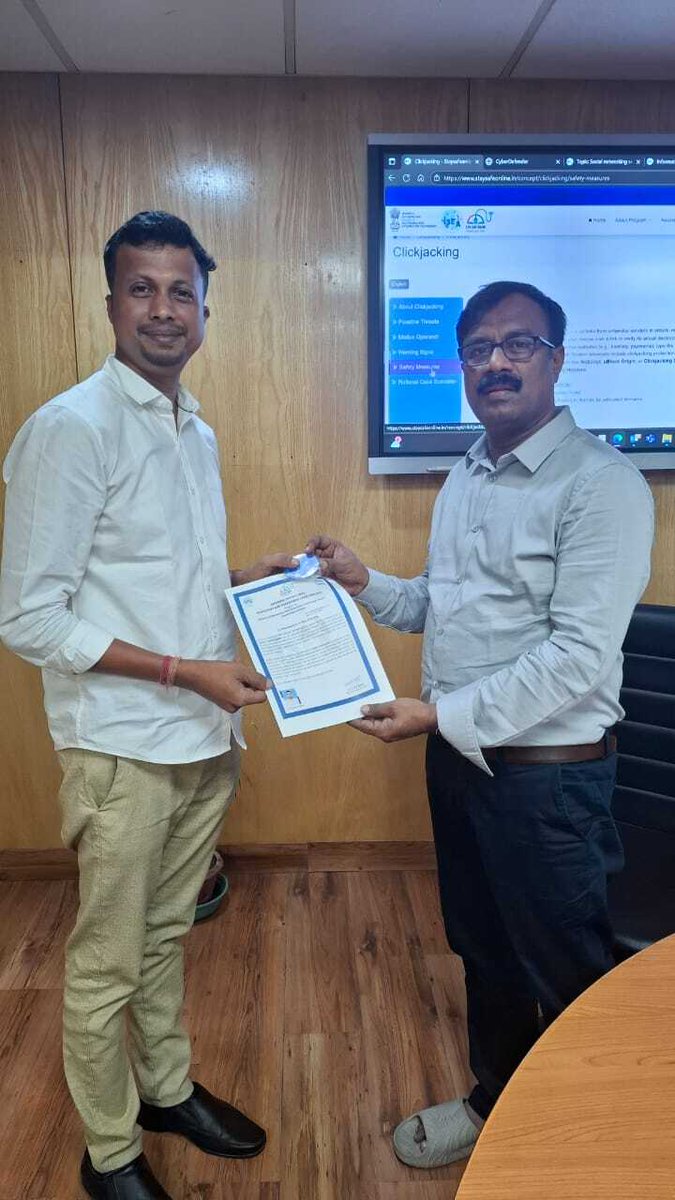 SSOIndia's tweet photo. #ISEACertification
🌐 What's brewing in Kolkata?
A new league of Cyber Warriors just got certified! 🛡️
Dr. ChA S Murty honoured ISEA Ambassadors with the Cyber Ambassador Certification — are you ready to be the next digital defender?
#CyberAmbassador #ISEAIndia #KolkataChapter #DigitalDefenders #CyberSafetyMission #InfoSecChampions #CyberAwareIndia #StaySafeOnline
@GoI_MeitY @_DigitalIndia @mygovindia
@SecretaryMEITY @IndianCERT @NICMeity
@abhish18 @AshwiniVaishnaw @Cyberdost
@DrChasM @cdacindia @NIELITIndia
@GoI_STQC @ERNET_India @sanjaykrvyas
