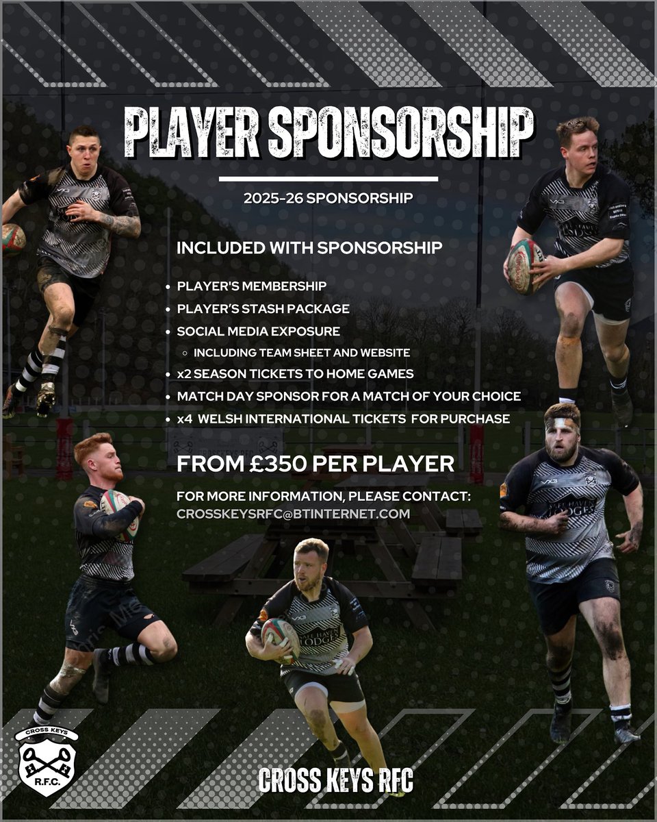Cross Keys RFC (@crosskeysrfc) on Twitter photo ๐ | ๐ฃ๐๐๐ฌ๐๐ฅ ๐ฆ๐ฃ๐ข๐ก๐ฆ๐ข๐ฅ๐ฆ๐๐๐ฃ
Individual player sponsorship for local businesses or individuals are now available
To find out more and explore our Standard, Premium and Deluxe packages please email Angie Prangell on crosskeysrfc@btinternet.com
#Rugby / #UpTheKeys ๐๏ธ ๐ | ๐ฃ๐๐๐ฌ๐๐ฅ ๐ฆ๐ฃ๐ข๐ก๐ฆ๐ข๐ฅ๐ฆ๐๐๐ฃ
Individual player sponsorship for local businesses or individuals are now available
To find out more and explore our Standard, Premium and Deluxe packages please email Angie Prangell on crosskeysrfc@btinternet.com
#Rugby / #UpTheKeys ๐๏ธ