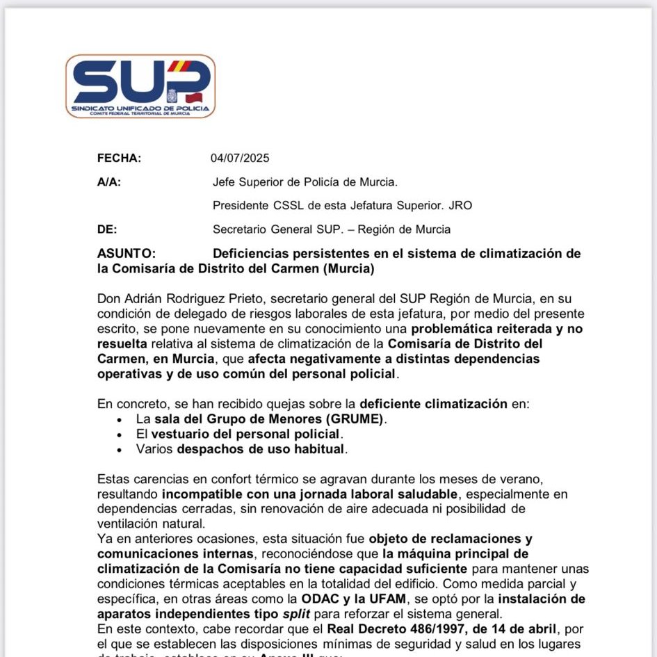 SUP_Murcia's tweet photo. Esta mañana remitimos escrito por las nuevas incidencias en la #Comisaria de distrito de El Carmen, en referencia la #Climatización
Además de las estancias del #GRUME y vestuarios #GOR solicitamos una evaluación completa del sistema.🧐
Soluciones inmediatas mediante "splits"❄️ https://t.co/RqmQfeUWCi