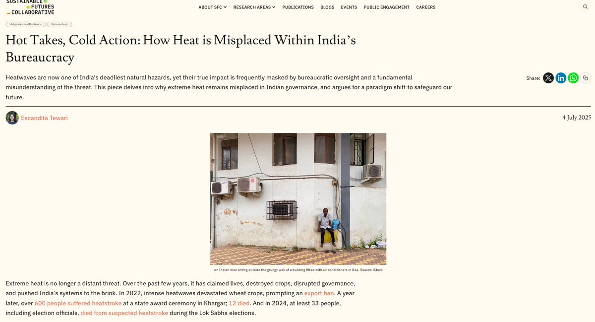 SFC_India's tweet image. NEW BLOG: #Heatwaves are now one of India’s deadliest natural hazards, yet their true impact is frequently masked by bureaucratic oversight and a fundamental misunderstanding of the threat. @EscanditaTewari unpacks why extreme heat is misplaced in Indian governance and argues for…