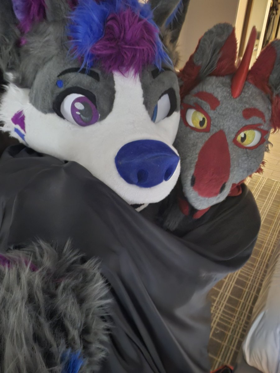 Happy #FursuitFriday 
<a href="/NabiWolfy/">Nabi Wolfy 💙💜</a> is very huggable!
Fursuit by <a href="/ThePyrateCove/">The Pyrate Cove 💫🏴‍☠️🌈</a>
#fursuit #furry #cape #FWA  #FWA2025  #FWA25