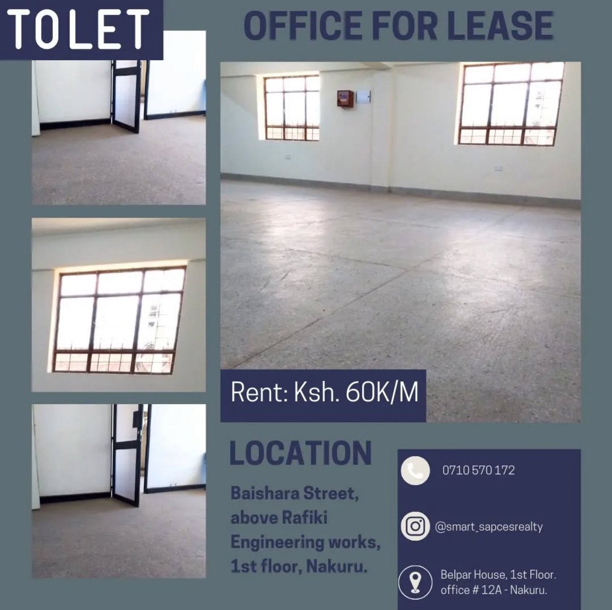 smartspaces03's tweet image. Elevate your business to this spacious office for lease, Biashara Street, Nakuru. Talk to us today - +254 (0) 710 570 172. #OfficeSpace #officetolease #smartspacesrealty