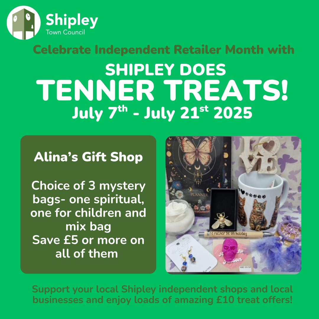 ShipleyTC's tweet image. ⭐Shipley Does Tenner Treats!⭐
Some cracking offers from Shipley indie retailers supporting the campaign!
🕯Indie Boho Vintage - Branded tote, pair of candles, incense & postcard bundle
🪪Nikki Print - 100 business cards
🛍Alina's Gift Shop- Choice of three mystery gift bags