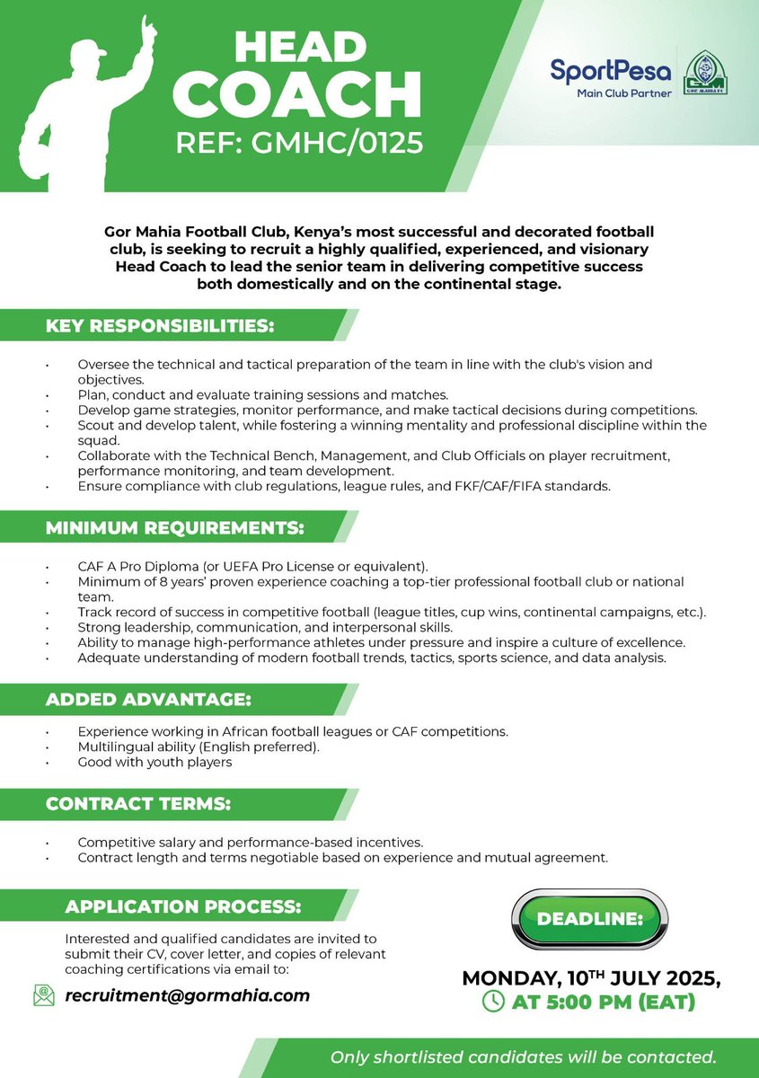 🟢 | VACANCY  ANNOUNCEMENT  

We invite those interested in the head coach position to submit their application to the provided mail address.

#Sirkal | #SportPesaNaGor