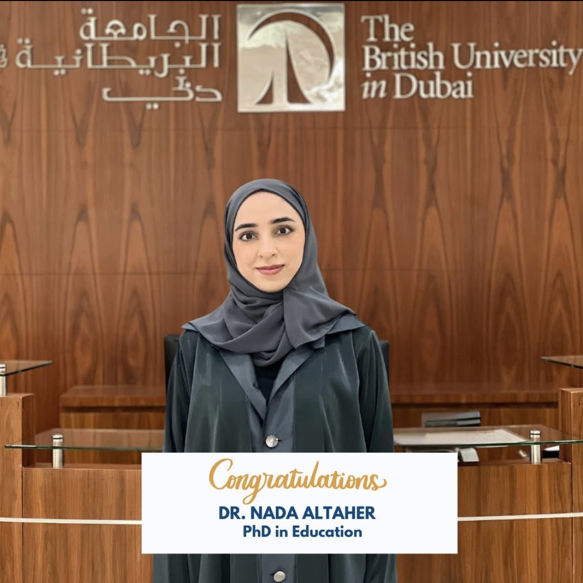 Please join me in congratulating our doctoral student Nada AlTaher for passing her doctoral Viva. She was supervised by Dr. Tendai Charles. Nada is #177 doctoral graduate for the Faculty of Education.
<a href="/buid_team/">The British University in Dubai</a>