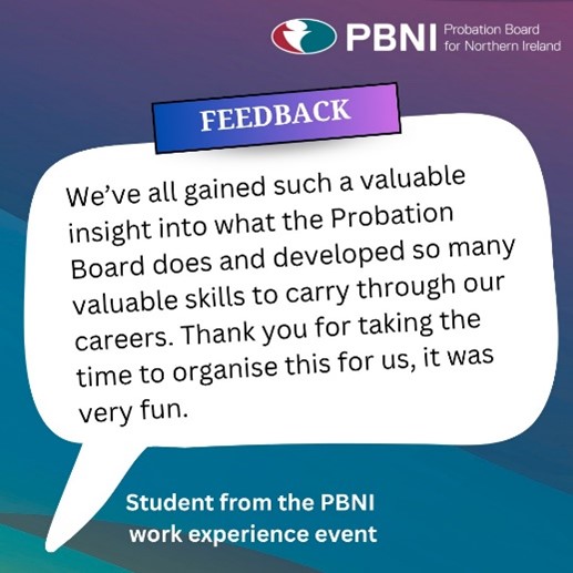 Great to hear such lovely feedback from the students that attended our three day work experience event in @ulsteruni. Thank you all for attending, we hope to see you again as future employees of Probation.