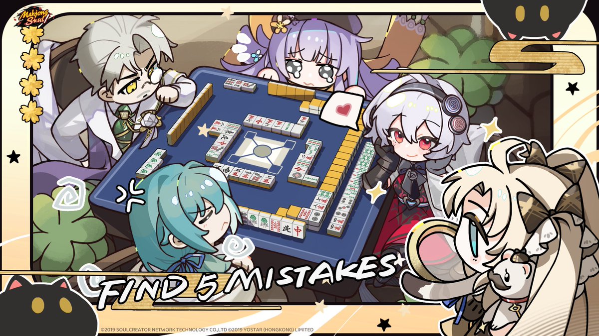 [Detective Jane's Mahjong Blunder Challenge]

Jane has gathered a group for an intense match. But! Something's wrong on the table! 🀄
While Saturne, Hinata Takanashi, Eve Krist, and Sammir focus on their tiles, Jane spots FIVE mistakes in their match. Can you find them all?

🔍
