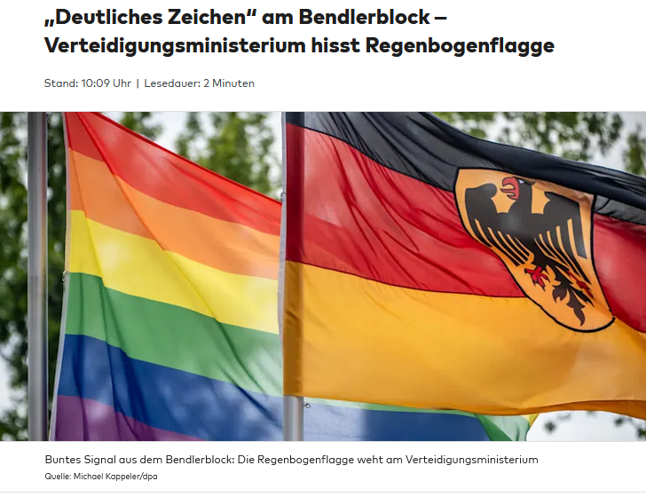 Auch das Verteidigungsministerium hisst die Flagge des Wokismus, wo eigentlich nur offizielle Insignien des Staates hängen sollten. Die Regenbogenflagge ist inzwischen zum ideologischen Stempel geworden, der unserem Staatswesen aufgedrückt wird.
welt.de/vermischtes/ar…