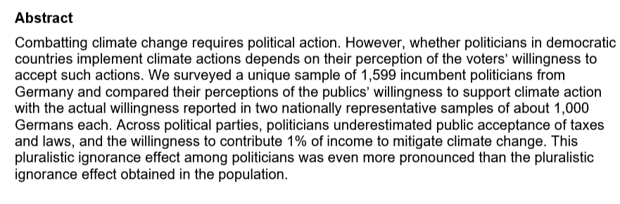 "Quer durch das politische Spektrum unterschätzen Politiker die Bereitschaft der Wähler, im Kampf gegen Klimawandel auch neue Gesetze und Steuern zu unterstützen."

Neue Studie von Timur Sevincer et al. über die Haltung der Öffentlichkeit zum Klimawandel jetzt im Preprint