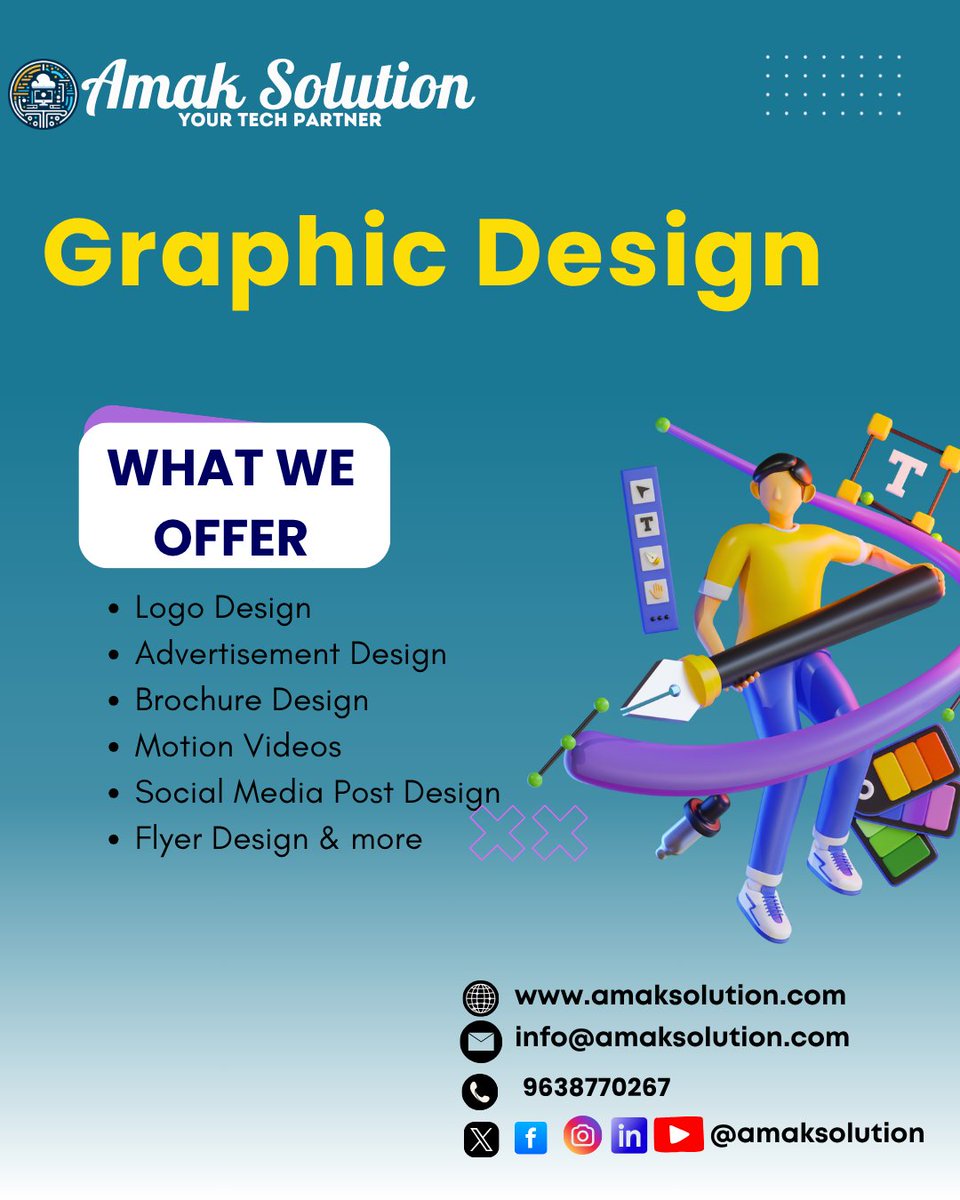 AmakSolution's tweet image. Bring your brand’s story to life with Amak
Solution! From sleek logos to scroll-stopping motion
videos, our design magic turns ideas into impact. Let’s
create visuals that resonate, inspire, and convert.
#AmakSolution #GraphicDesignExperts
#DesignThatSells #CreativeServices