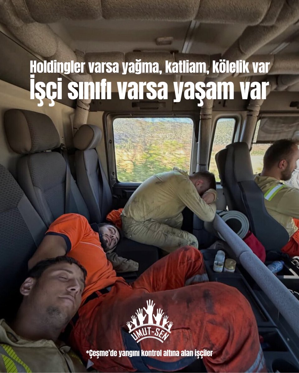 umutsendikasiii's tweet photo. İzmir Çeşme’de yangının kontrol altına alınmasında canla başla çalışan işçi sınıfını selamlıyoruz.

Kurtuluş işçi sınıfının ellerinde, kurtuluş holdingsiz bir ülkede! https://t.co/TyTcibh38n
