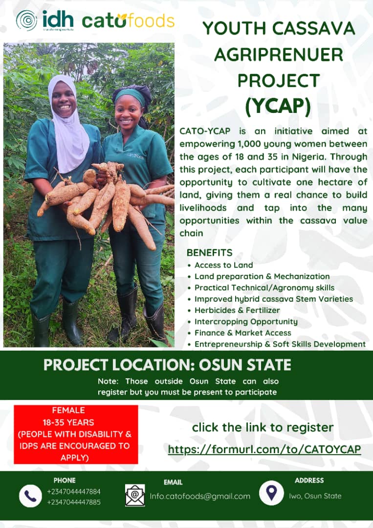 NaijaFarmer (@nig_farmer) on Twitter photo Women in Agriculture assemble👩🌾🔊🔊
You've called, and <a href="/catofoodsNG/">Cato Foods</a> has answered.
Are you a young woman between the ages of 18-35?
This is your opportunity to own your future.
The Cato-YCAP project is here to empower 1,000 young women with:
✅ 1 hectare of land each
✅ Women in Agriculture assemble👩🌾🔊🔊
You've called, and <a href="/catofoodsNG/">Cato Foods</a> has answered.
Are you a young woman between the ages of 18-35?
This is your opportunity to own your future.
The Cato-YCAP project is here to empower 1,000 young women with:
✅ 1 hectare of land each
✅