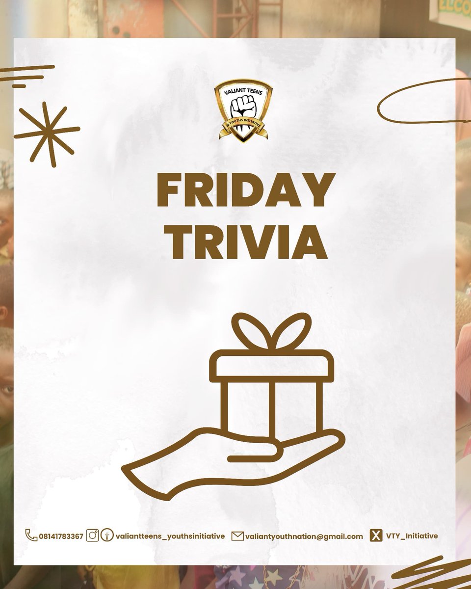 VTY_Initiative's tweet photo. FRIDAY TRIVIA 

You can only choose one gift to carry for life. Which one are you picking?

🅐 Wisdom
🅑 Wealth
🅒 Influence
🅓 Peace

Drop your answer in the comments and tag someone who must answer this too!

#VTYI #Fridaytrivia #valiantteens_youthsinitiative https://t.co/9yAdl2LmI5