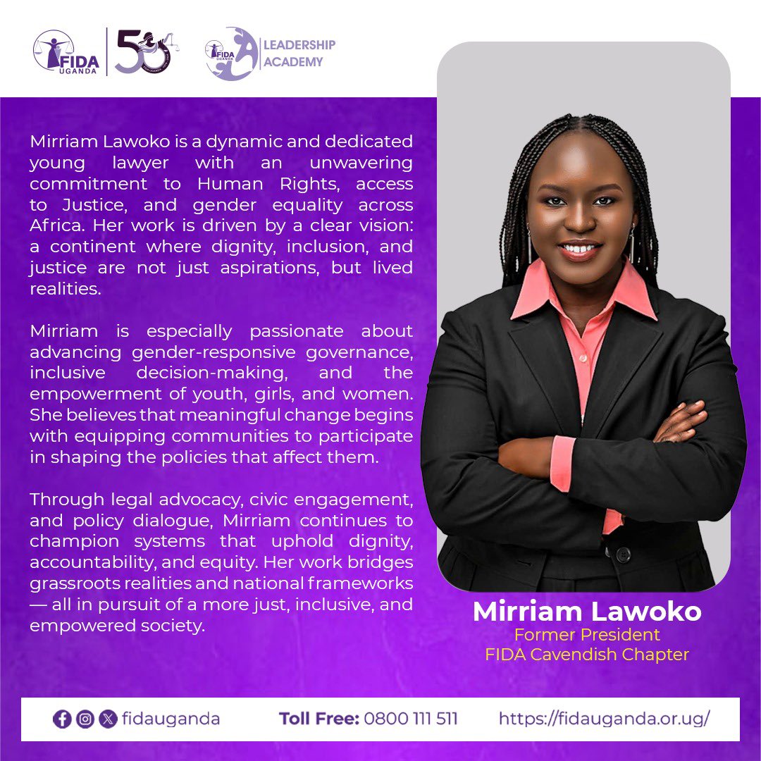 FIDA_Uganda's tweet photo. ✨Meet the Trailblazers!✨
As we celebrate leadership, purpose, and the power of young voices, we proudly spotlight two phenomenal women who served as Presidents of the FIDA-Uganda University Chapters. 

📣 @MimiLawoko, Former President – FIDA @CavendishUg Chapter, is a dynamic young lawyer championing human rights, gender equality, and inclusive governance across Africa.
#FIDAULeadershipAcademy