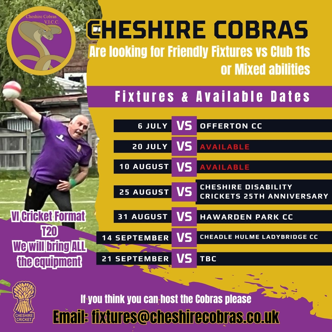 CheshireCB's tweet image. 🏏Cheshire Cobras (V.I.C.C) are looking for friendly fixtures
🏏All gear provided
📅 Check our fixture list & get in touch
👉 Want to get involved—We’d love to hear from you!
cheshirecricketboard.co.uk/clubs/disabili…
#VisuallyImpairedCricket #CricketForAll #CheshireCricket #JoinTheCobras