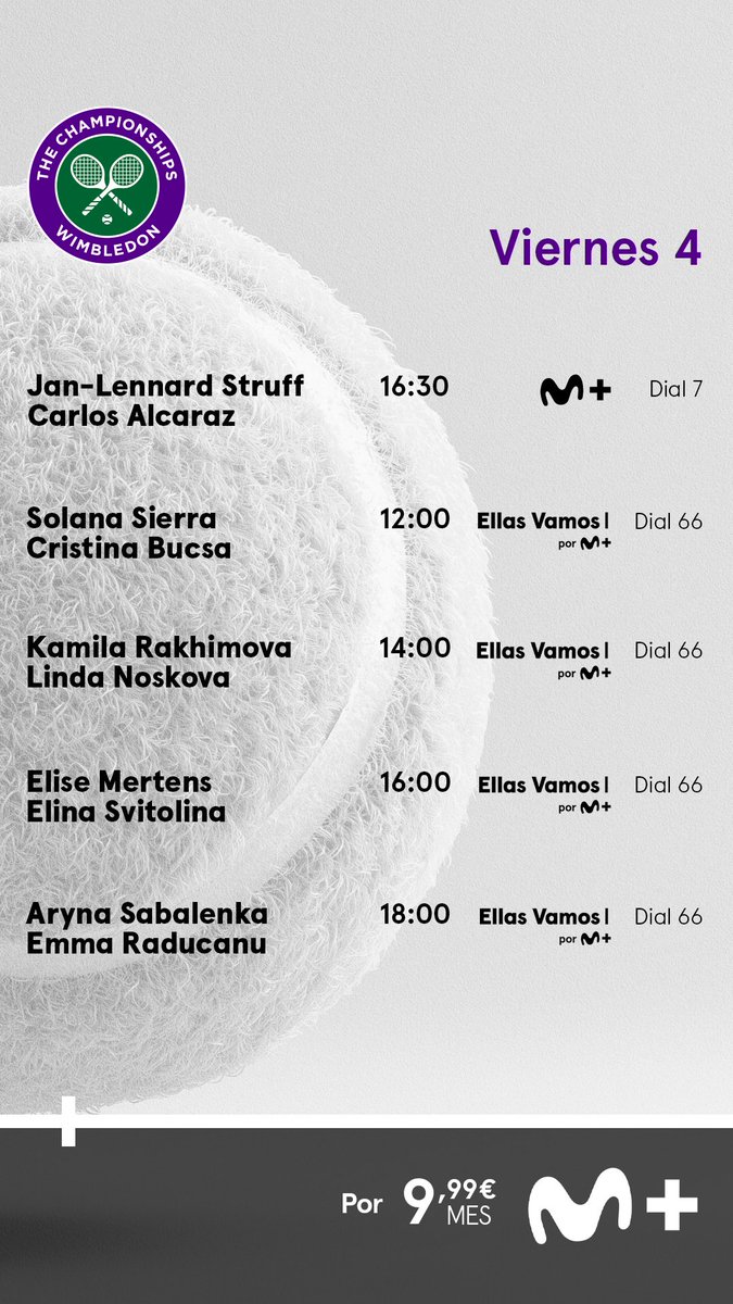 🎾 ¡Empezamos ya!

➡️ Todo incluido en la suscripción de 9,99€ al mes seas del operador que seas: movistarplus.es

#Wimbledon #LaPistaDelTenis