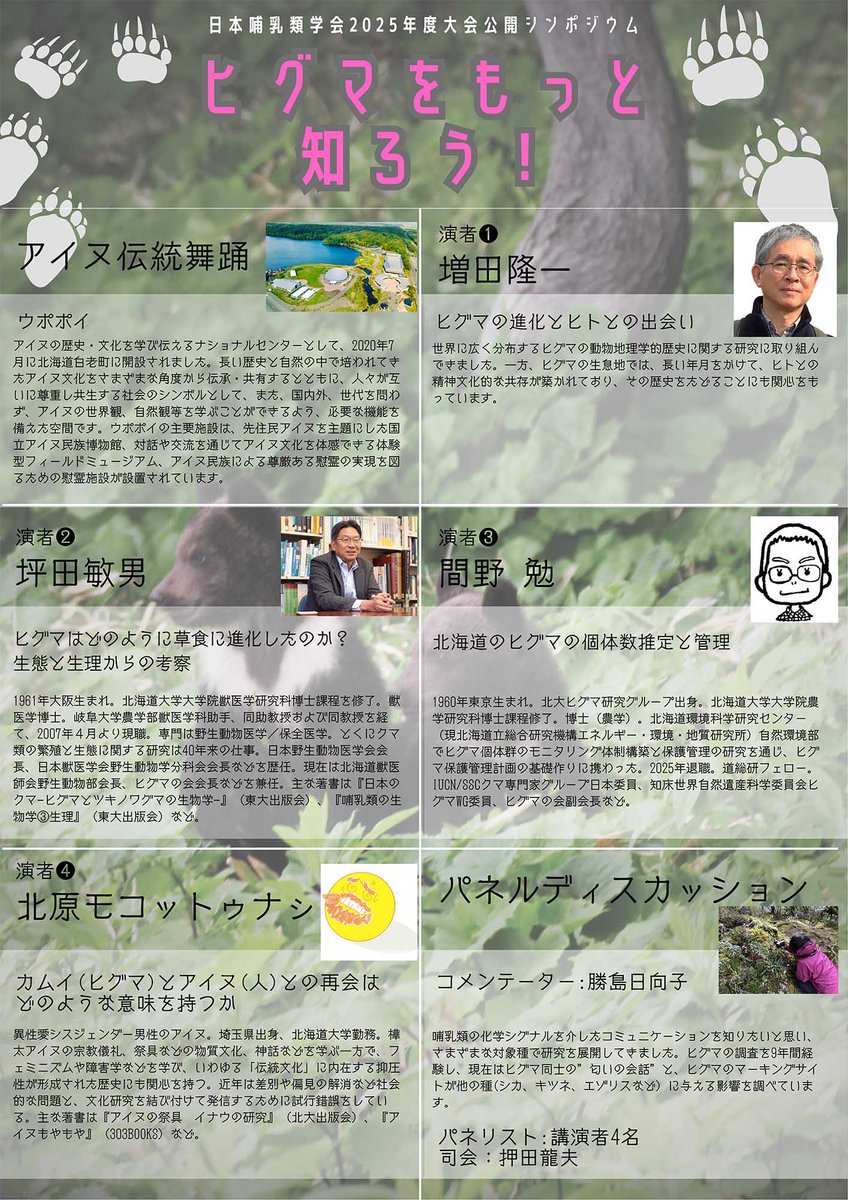 bokutogari's tweet photo. 皆様お久しぶりです！
さて、来たる8月24日に開かれる、日本哺乳類学会2025年度公開シンポジウムのポスターが出来上がりました🐻森の王者、ヒグマについて色々な話が聞ける場となっております。入場無料となっておりますので気になる方はぜひ！お待ちしています。🌳 https://t.co/B9lFUV9cwI