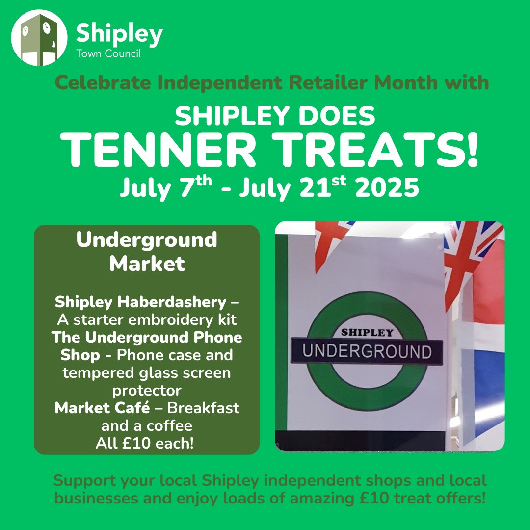 ShipleyTC's tweet image. ⭐Shipley Does Tenner Treats!⭐
Whether you fancy coffee & cake, a cooked breakfast, or something more practical like keys cutting, new phone case or embroidery kit - today's tenner treats have you covered!
Offers are available until July 21st 2025.