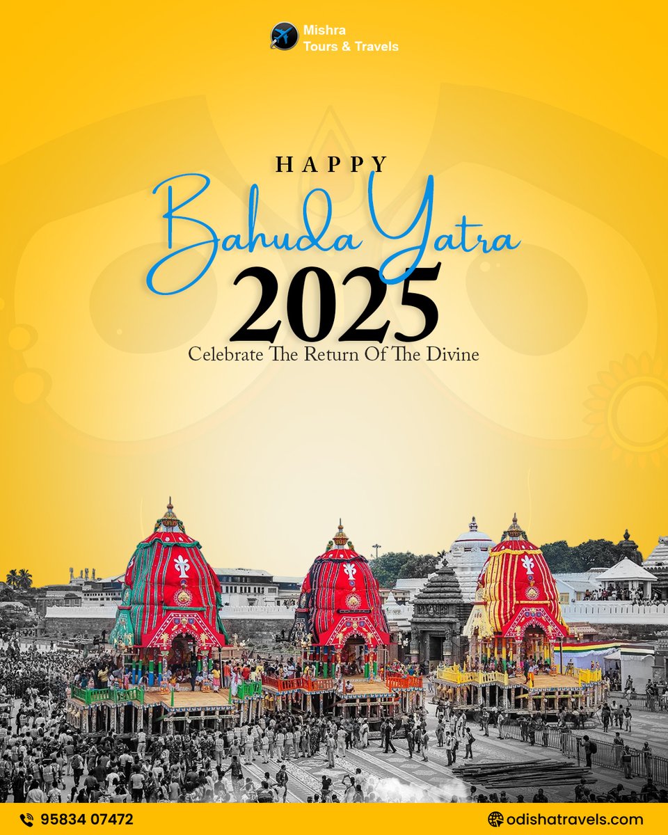 This Bahuda Yatra, join Mishra Tours &amp; Travels for an unforgettable ride through faith, festivity, and family.

#BahudaYatra #HappyBahudaYatra2025 #DivineReturn #odishatravel #MishraToursandTravels #ExploreOdisha #spiritualjourney #TravelGoals #indiatourism #familytravel
