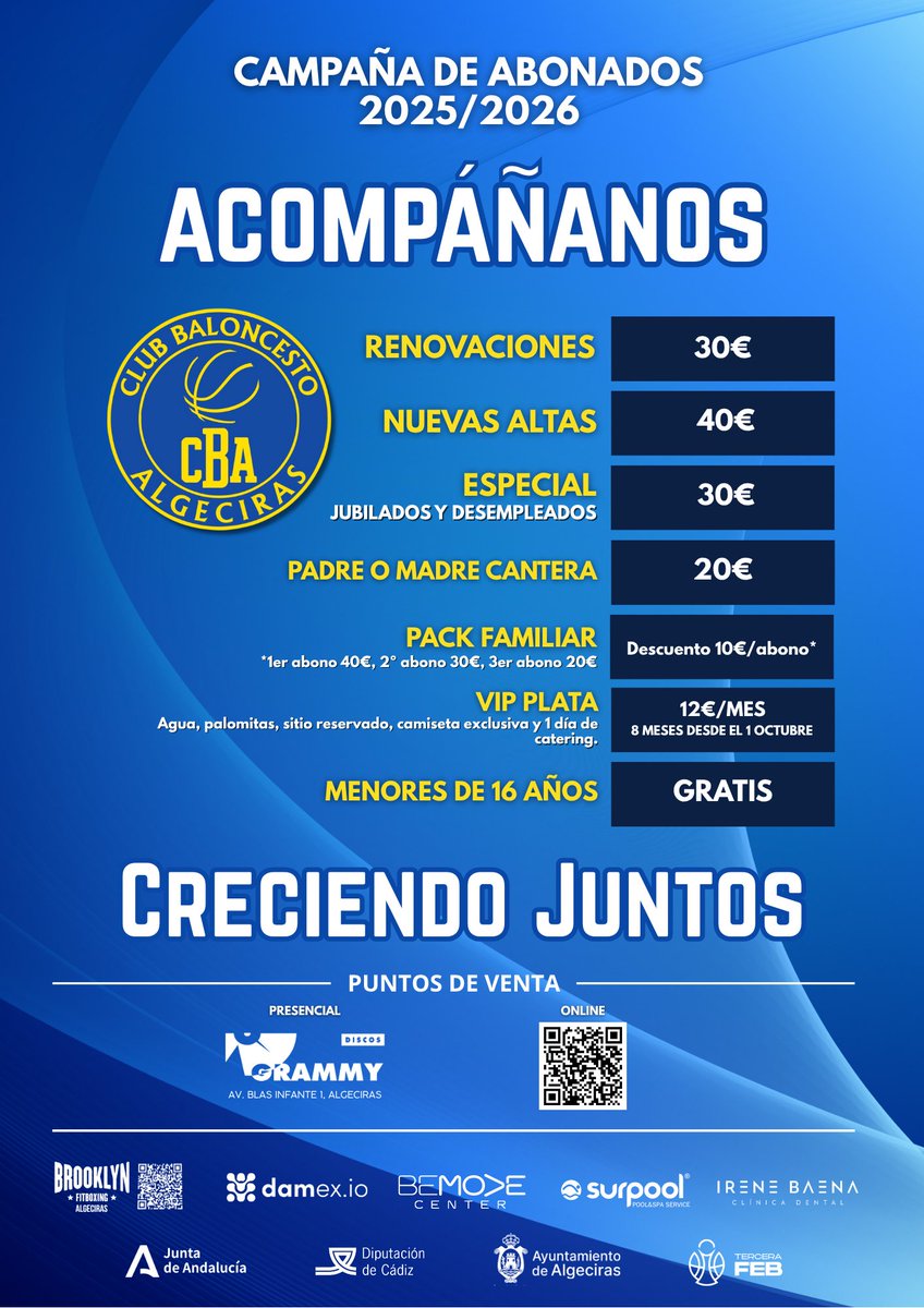 📍 𝗔𝗕𝗢𝗡𝗢𝗦 | <a href="/CB_Algeciras/">Club Baloncesto Algeciras 'CBA'</a> lanza su nueva campaña de abonados para la próxima temporada en Tercera FEB.

👉 Consulta condiciones en el cartel y acompáñanos otra temporada más. 

👇 Hazlo online, rápido y sin esperas.

app.cluber.es/clubes/664cb92…