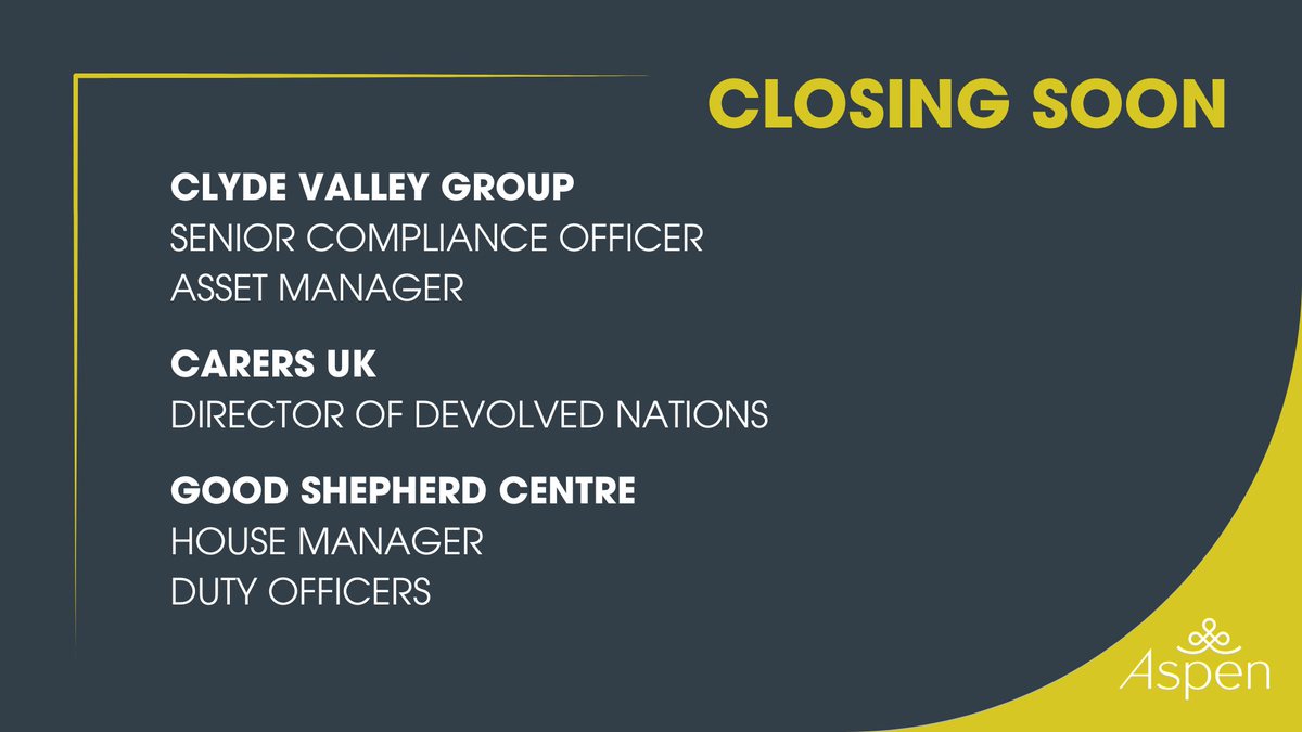 Aspen People (@aspenpeople) on Twitter photo These great opportunities close next week! ā°
Senior Compliance Officer: jobs.aspenpeople.co.uk/job/senior-comā¦
Asset Manager: jobs.aspenpeople.co.uk/job/asset-manaā¦
Director of Devolved Nations: aspenpeople.co.uk/carers-uk/
House Manager: jobs.aspenpeople.co.uk/job/house-manaā¦
Duty Officers: jobs.aspenpeople.co.uk/job/duty-offic⦠These great opportunities close next week! ā°
Senior Compliance Officer: jobs.aspenpeople.co.uk/job/senior-comā¦
Asset Manager: jobs.aspenpeople.co.uk/job/asset-manaā¦
Director of Devolved Nations: aspenpeople.co.uk/carers-uk/
House Manager: jobs.aspenpeople.co.uk/job/house-manaā¦
Duty Officers: jobs.aspenpeople.co.uk/job/duty-officā¦