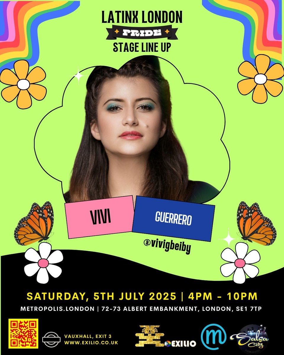 🇨🇴 Vivi Guerrero en vivo – Latinx Pride London
Fusión andina, electrónica y fuego ancestral 🌽🔥
📍 Metropolis London (Vauxhall – salida 3)
🎭 Latinx Stage · GRATIS · 4PM–10PM
🕖 Vivi canta a las 7PM – ¡no llegues tarde!
🕺 Exilio 30 · 10PM–4AM ( exilio.co.uk)
#Pride