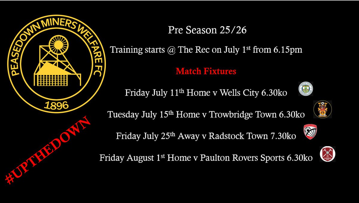 PMWFC (@peasedownmwfc) on Twitter photo The turnout has been great for the first 2 training sessions, next week we train Tuesday from 6.15 then we have our first friendly at home v <a href="/WellsCityRes/">Wells City Reserves</a> on Friday at 6.30pm. The turnout has been great for the first 2 training sessions, next week we train Tuesday from 6.15 then we have our first friendly at home v <a href="/WellsCityRes/">Wells City Reserves</a> on Friday at 6.30pm.
