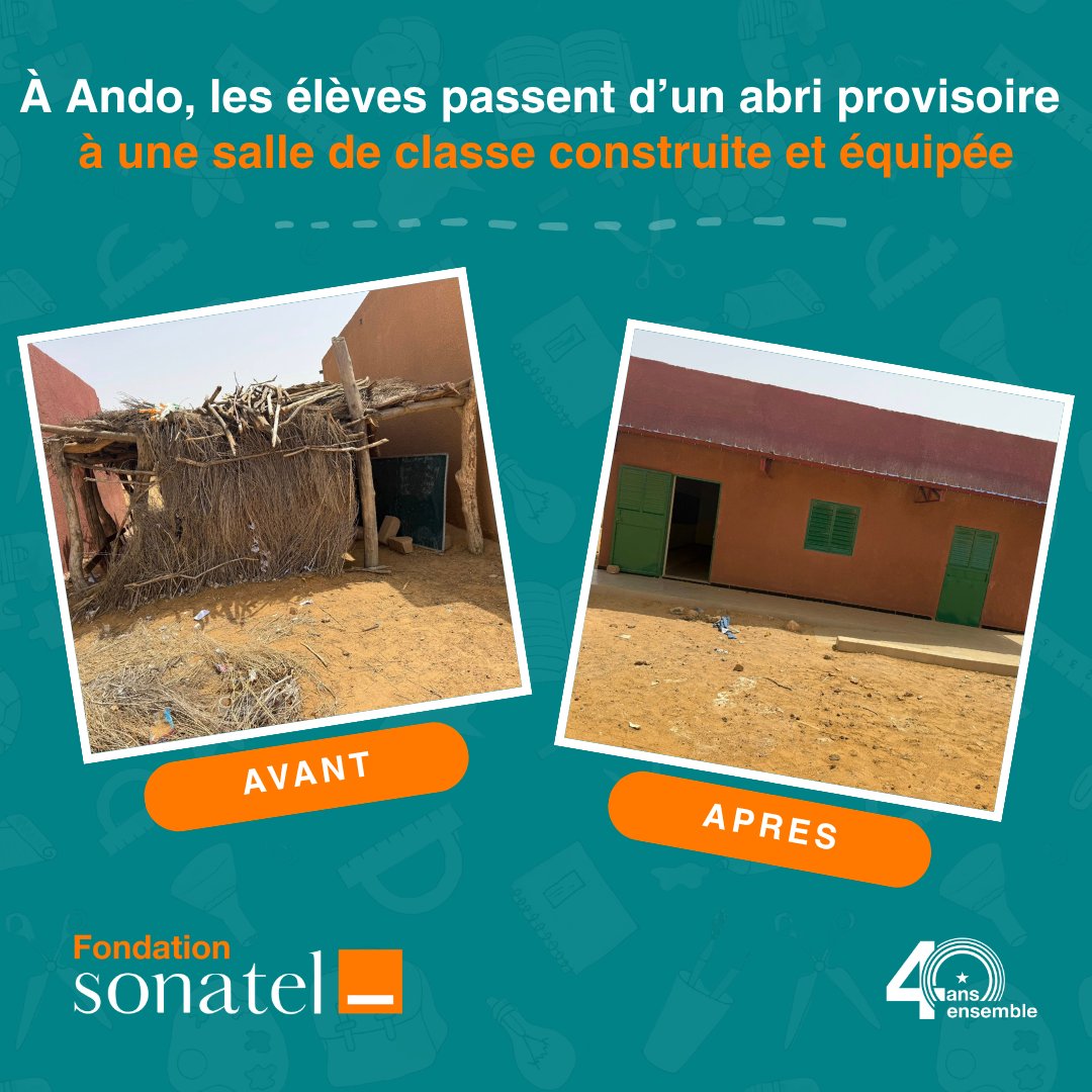 FSonatel's tweet image. Autrefois, ils apprenaient sous un abri de fortune, exposés à la chaleur, au vent, à la pluie. Aujourd’hui, les élèves du village d’Ando disposent d’une salle de classe construite, équipée, sécurisée, où ils peuvent enfin apprendre convenablement.

Ce changement, porté par la…