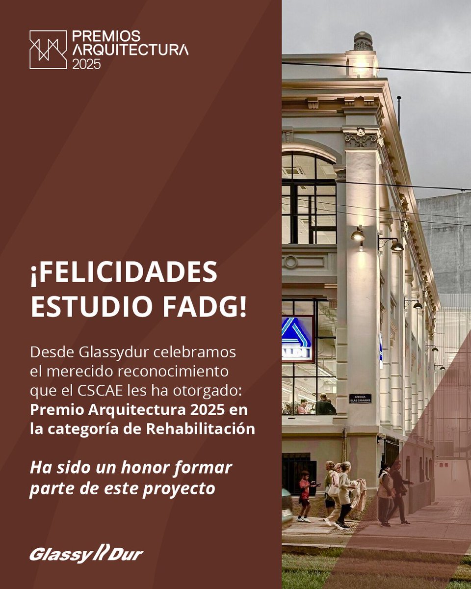 GlassyDur's tweet photo. Desde Glassydur queremos felicitar a Estudio FADG por el Premio de Arquitectura 2025 CSCAE – Categoría Rehabilitación.

Para nosotros es un verdadero honor haber formado parte de este proyecto y agradecemos profundamente la confianza depositada en nuestro equipo.

#Glassydur https://t.co/NVCIt905iu
