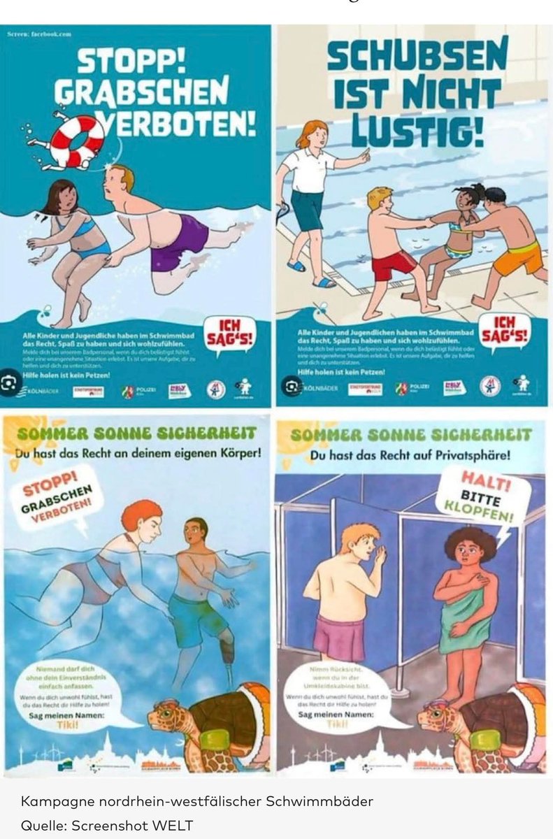 Pewnie już to Państwo widzieli - niemieckie państwo (Westfalia) ostrzega przed napastowaniem seksualnym na basenach, w roli napastujących umieszczając na plakatach wyłącznie osoby białe (czyli w domyśle rdzennych Niemców), a napastowanych - osoby "odmienne". (Najlepsza jest ta