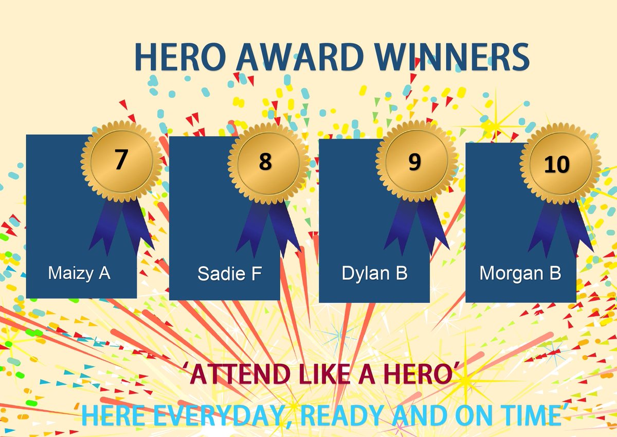 This week's winners of the 'HERO AWARD' are here! Every day, they show up, feel proud of their achievements, and take on the day to WIN the week! 
#HeroAward #ProudAttendance #WinningWeek #SchoolSpirit #MakeItCount #noelbakeracademy