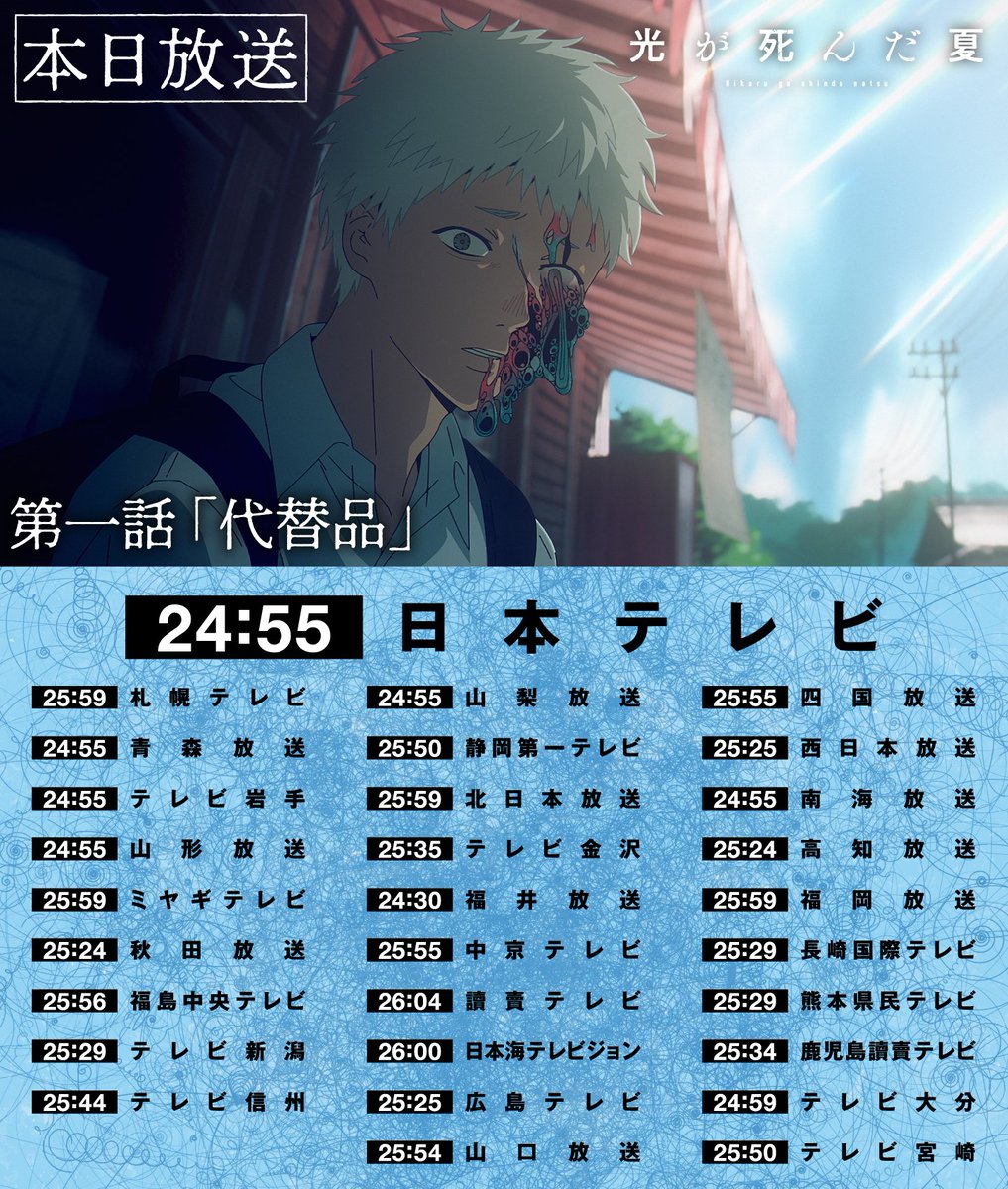 ⧉本日第一話放送開始⧉

TVアニメ「#光が死んだ夏」
第一話『代替品』本日放送！

▶︎日本テレビ系　24：55〜
▶︎Netflix・ABEMA　25：55〜

▼WEB予告▼
youtube.com/watch?v=Jn2SSP…
#ひかなつアニメ