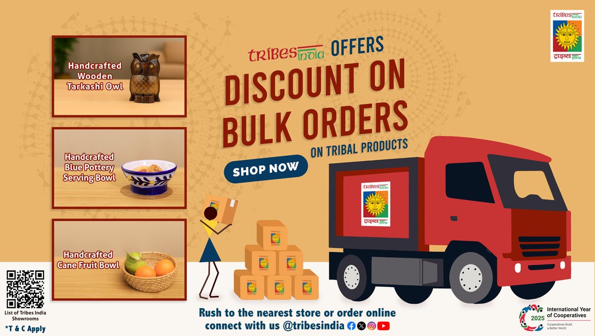 TRIBES INDIA (@tribesindia) on Twitter photo Bulk Purchase Offers at <a href="/tribesindia/">TRIBES INDIA</a>
* 20% OFF – Handlooms & Handicrafts
* 10% OFF – Wellness Products
(Valid on orders above ₹1 Lakh)
Suitable for institutions, NGOs & gifting solutions.
👉 bitly.cx/pFvTT or visit: tribesindia.com
#Vocal4Local #BuyTribal Bulk Purchase Offers at <a href="/tribesindia/">TRIBES INDIA</a>
* 20% OFF – Handlooms & Handicrafts
* 10% OFF – Wellness Products
(Valid on orders above ₹1 Lakh)
Suitable for institutions, NGOs & gifting solutions.
👉 bitly.cx/pFvTT or visit: tribesindia.com
#Vocal4Local #BuyTribal