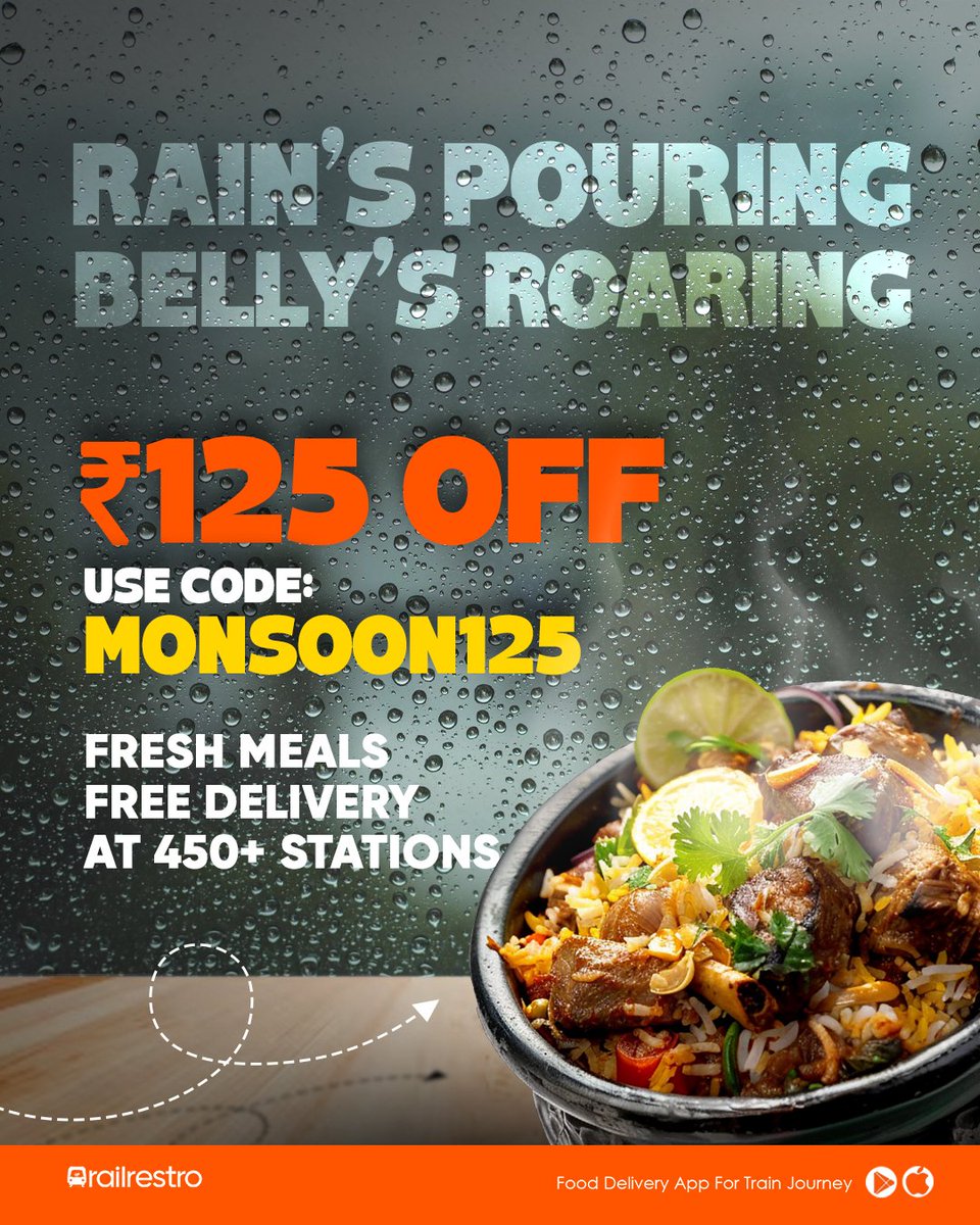 Railrestro's tweet image. Rain’s pouring, Belly’s roaring?
Order fresh, hot Food on train with @RailRestro &amp;amp; enjoy monsoons the tasty way.
Get ₹125 OFF – Use code "MONSOON125"

Order Now:
Website: railrestro.com

#RailRestro #eCatering #TrainFoodDelivery #MonsoonOffer #FoodInTrain