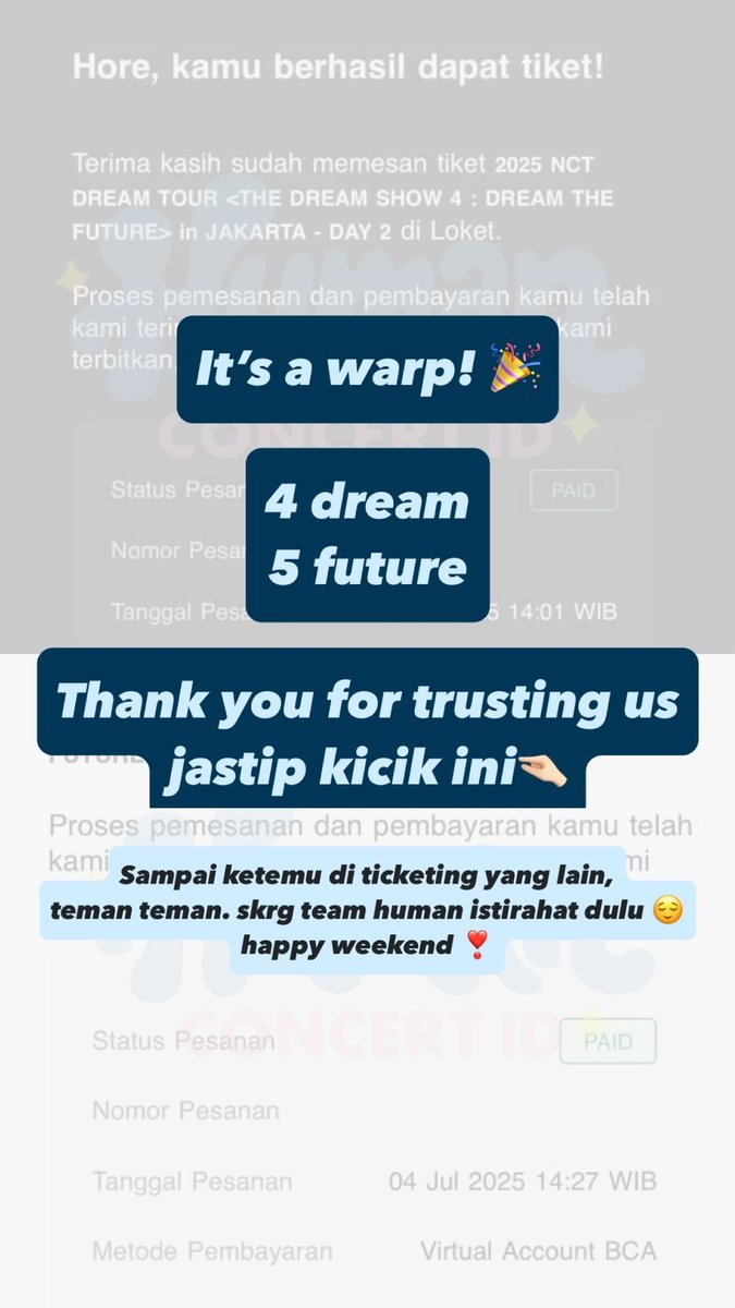 humanconcertid's tweet photo. It’s a wrap! 🎉

4 DREAM, 5 FUTURE

Thank you udah percaya sama jastip kita yang masih baru ini, it means a lot to us ✿◠‿◠

#TDS4inJakarta #NCTDREAM #NCTDREAM_THEDREAMSHOW4_IN_JAKARTA https://t.co/kZtD6xvDHN