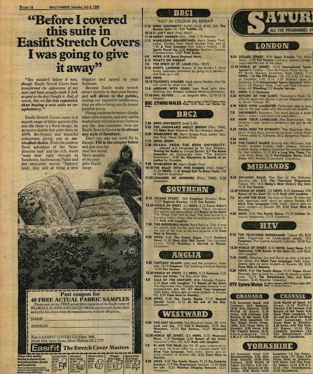 OTD in 1980. It's Borg v McEnroe in the Wimbledon final on BBC1. There's another chance to see Return of the Saint on ITV.
