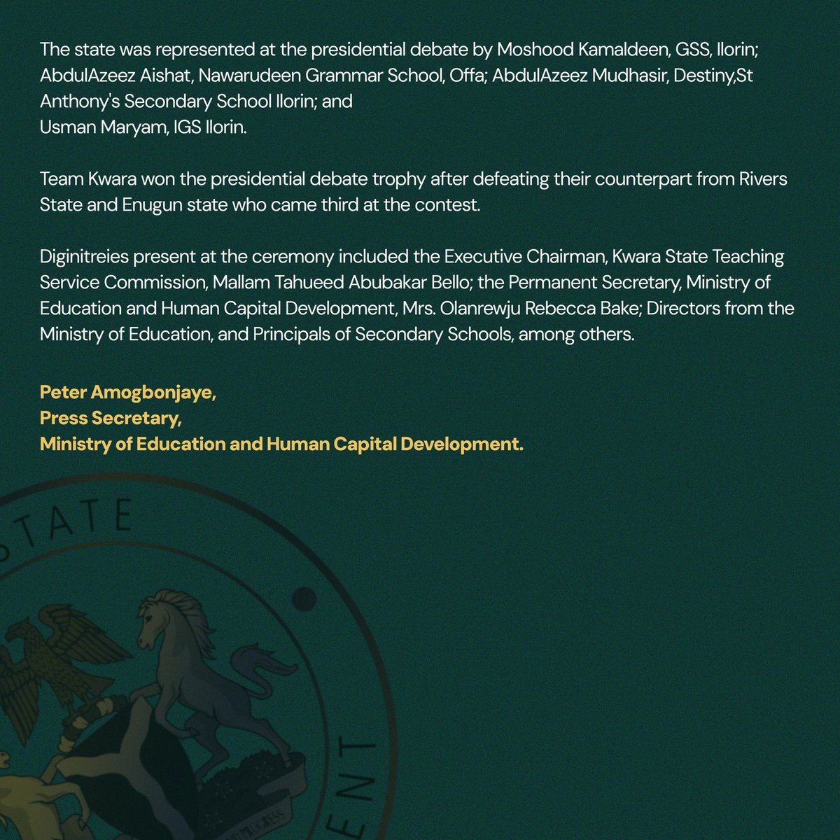 Kwara State Government (@followkwsg) on Twitter photo Governor <a href="/RealAARahman/">Abdulrahman Abdulrazaq</a> Hails Kwara Presidential Debate Team's Historic Victory
#IseNtesiwaju Governor <a href="/RealAARahman/">Abdulrahman Abdulrazaq</a> Hails Kwara Presidential Debate Team's Historic Victory
#IseNtesiwaju