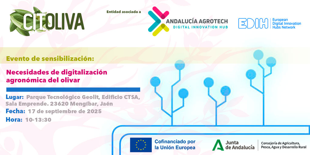 Smart Biosystems Laboratory (@smartbiolab) on Twitter photo 📢<a href="/citoliva/">citoliva</a> organiza Evento de sensibilización: NECESIDADES DE DIGITALIZACIÓN AGRONÓMICA DEL OLIVAR 🫒🫒
📍P. Tecnológico <a href="/Geolit_Jaen/">Geolit</a>
🗓️17 de septiembre
⏰10:00-13:30
💻✍️Información e inscripciones en: cutt.ly/jrT3WFVG
<a href="/DIHAndAgrotech/">Andalucía Agrotech DIH</a> <a href="/edih_net/">European Digital Innovation Hubs Network</a> 📢<a href="/citoliva/">citoliva</a> organiza Evento de sensibilización: NECESIDADES DE DIGITALIZACIÓN AGRONÓMICA DEL OLIVAR 🫒🫒
📍P. Tecnológico <a href="/Geolit_Jaen/">Geolit</a>
🗓️17 de septiembre
⏰10:00-13:30
💻✍️Información e inscripciones en: cutt.ly/jrT3WFVG
<a href="/DIHAndAgrotech/">Andalucía Agrotech DIH</a> <a href="/edih_net/">European Digital Innovation Hubs Network</a>