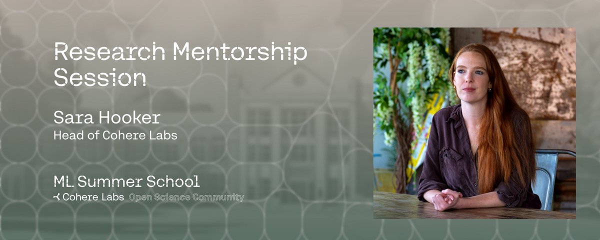 <a href="/gowthami_s/">Gowthami</a> <a href="/JangLawrenceK/">Lawrence Jang</a> <a href="/IAmTimNguyen/">Timothy Nguyen</a> <a href="/ishapuri101/">Isha Puri</a> <a href="/Ar_Douillard/">Arthur Douillard</a> Research Mentorship Session ✨

We’ll conclude our ML Summer School with <a href="/sarahookr/">Sara Hooker</a> on July 14th, with an interactive chat on finding collaborators, choosing your first project, and ensuring your work makes a meaningful scientific impact.

Learn more: tinyurl.com/9ts5bj7y