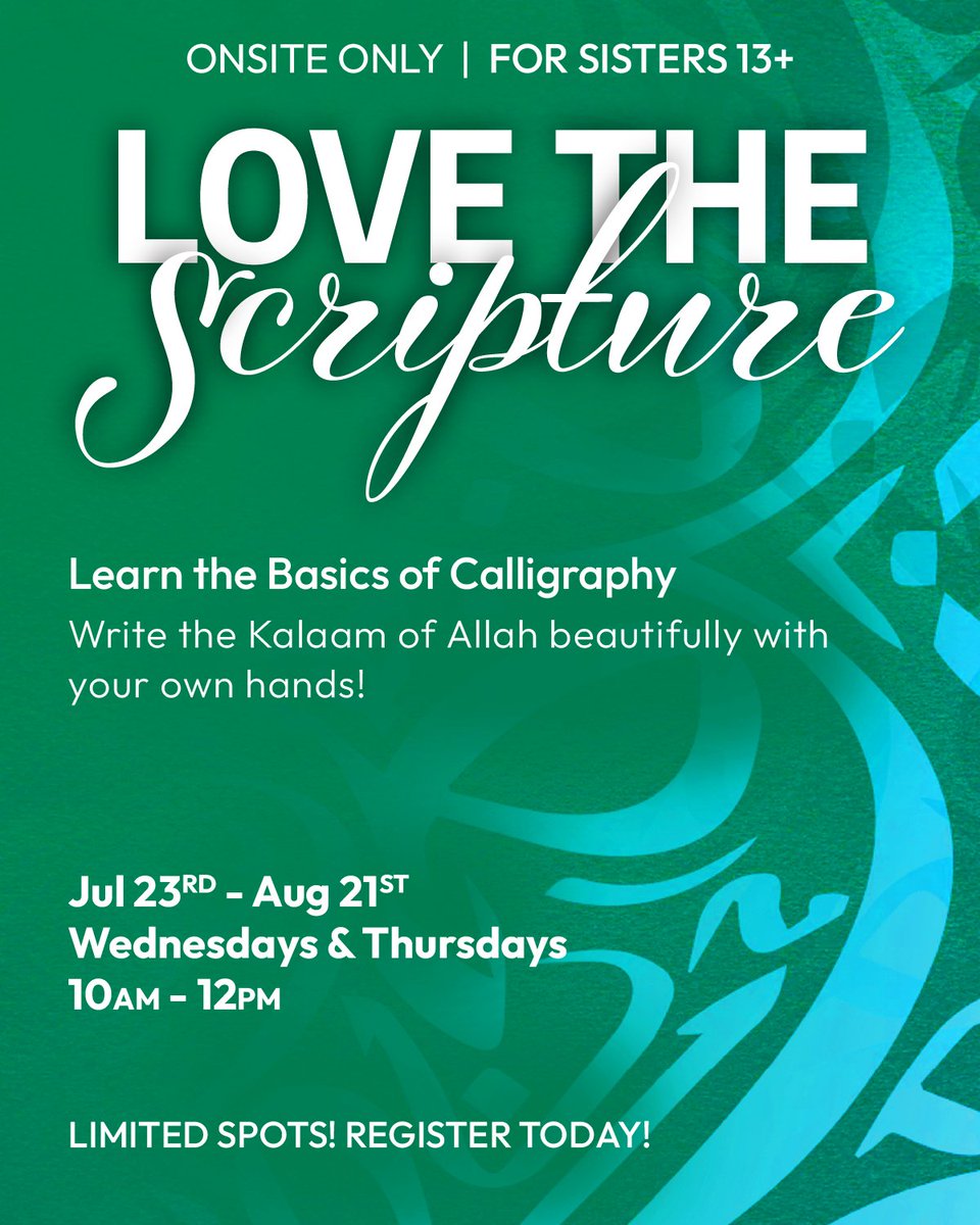 AlHudaInstitute's tweet photo. Master Deewani Script this summer! ✍️

Learn to form letters and connect them seamlessly in this beginner-friendly course.

🗓️ Wed &amp; Thu
⏰ 10 AM - 12 PM
📍 5671 McAdam Rd, Mississauga, ON

🔗 Sign up: https://t.co/vetcVfrdxM https://t.co/gFY3aICoBf