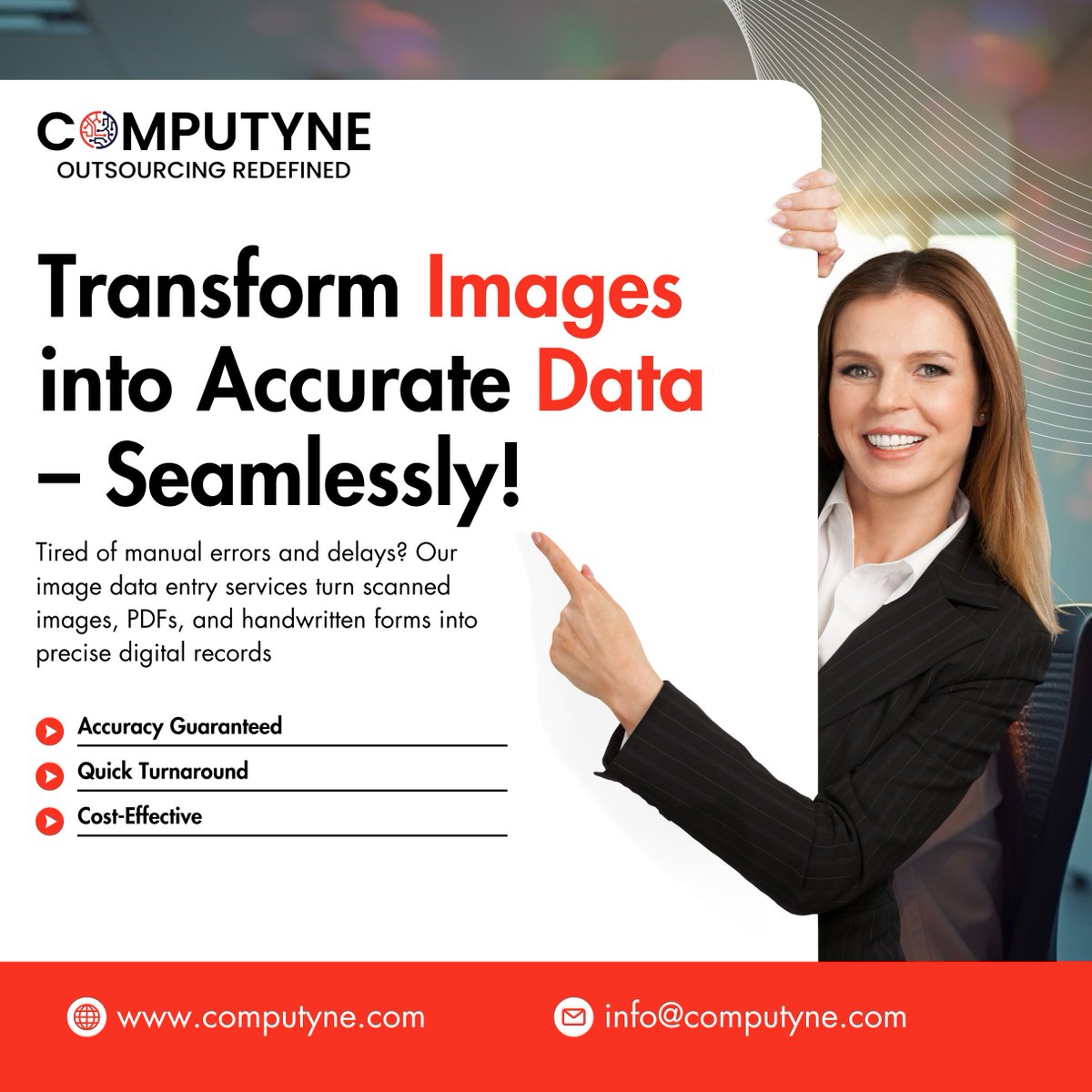 computyne's tweet image. Tired of manual errors and delays? Our image data entry services turn scanned images, PDFs, and handwritten forms into precise digital records.
Email: info@computyne.com
Learn more: computyne.com
#ImageDataEntry #DataEntryServices #OutsourceDataEntry #Computyne