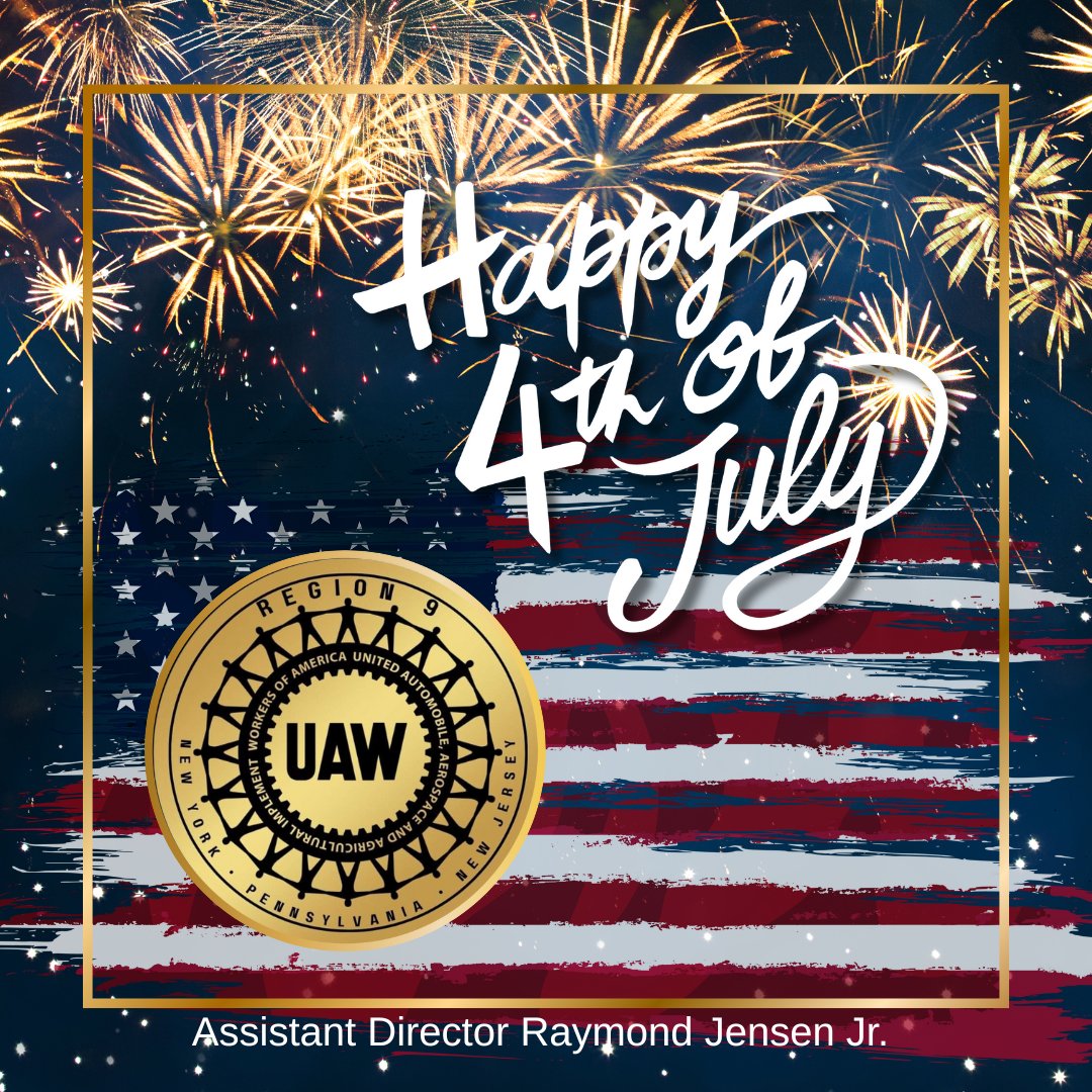 UAWregion9's tweet image. 🗽HAPPY 4TH OF JULY from UAW Region 9!🎆Let's celebrate our independence while honoring the hardworking men and women who keep our nation moving! 💪 This holiday, remember that freedom rings loudest when we stand together for fair wages and safe working conditions. #UAW 💙🤍❤️